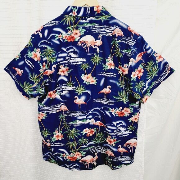 NWT SSLR Men's Hawaiian Shirt Aloha Flamingos Palms Tropical Blue Pink Size L - Picture 2 of 6